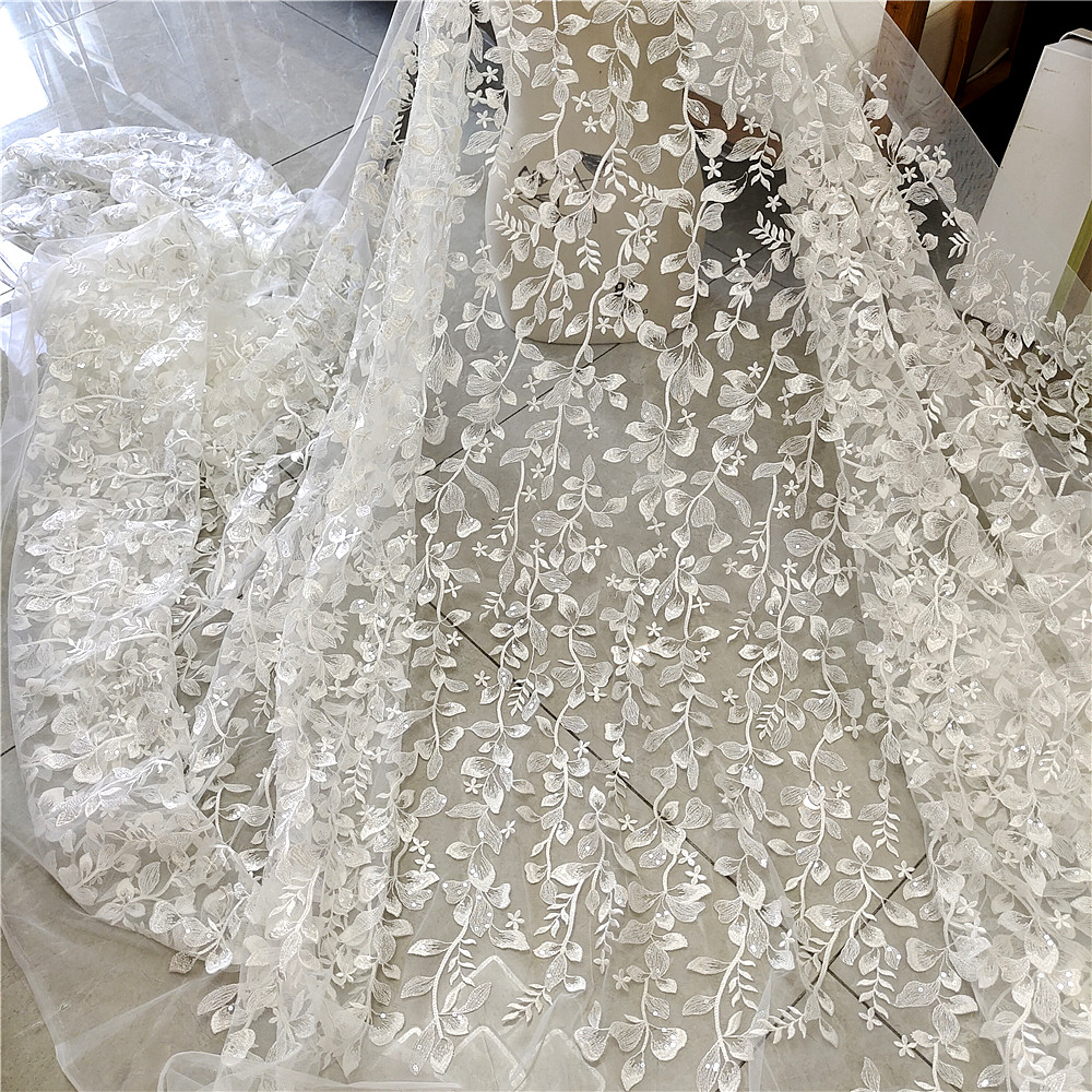 清仓蕾丝面料树叶花朵重工婚纱礼服裙旗袍窗帘网纱刺绣白色DIY纱