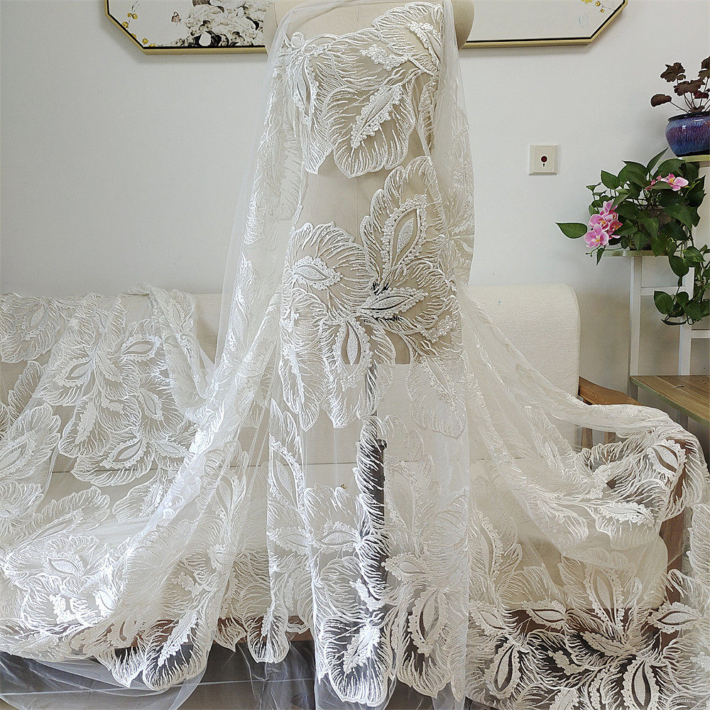 清仓特价白色树叶钉珠蕾丝面布料婚纱礼服旗袍刺绣门窗帘桌布DIY