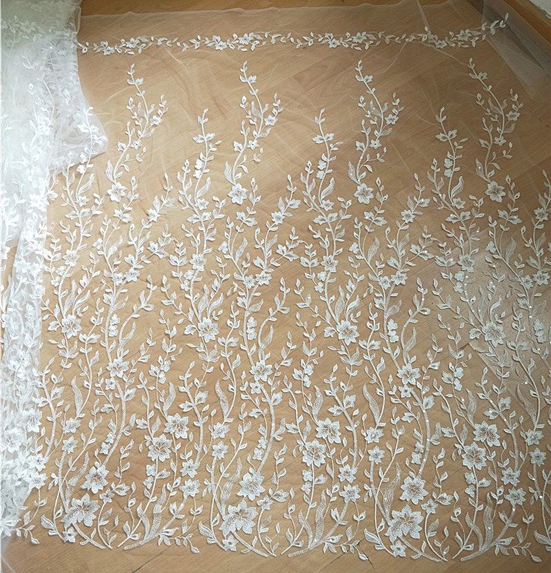 新款树枝叶网纱刺绣亮片软蕾丝面布料婚头纱礼服装窗帘DIY装饰