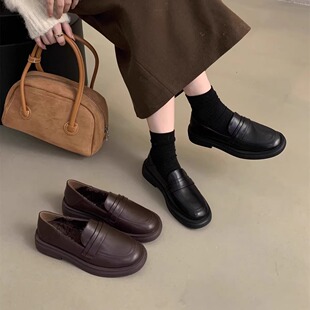 加绒小皮鞋女英伦2023新款冬季韩版圆头复古一脚蹬厚底乐福棉单鞋