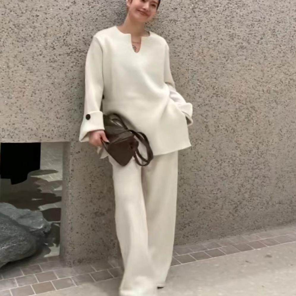 2024秋冬时尚羊毛套装女U领慵懒风宽松针织毛衣两件套羊绒阔腿裤
