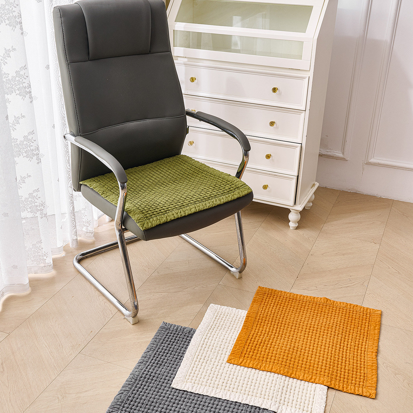 韩国新款全棉华夫格椅子垫纯棉透气防滑四季通用款餐桌坐办公汽车