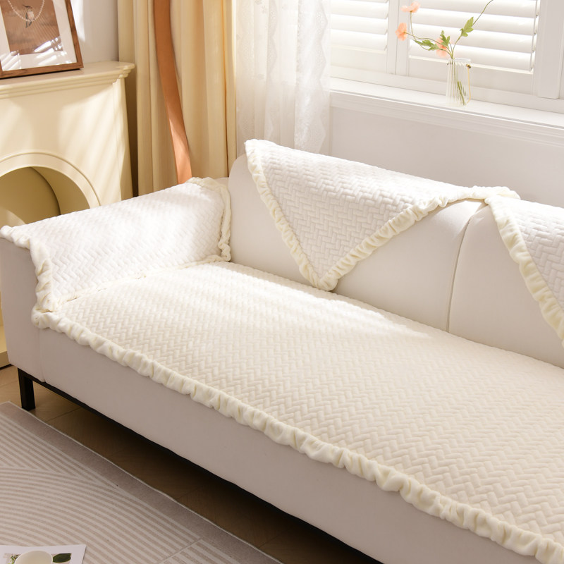 韩国原单法兰绒木耳边沙发垫秋冬季毛绒加厚真皮防滑保暖欧式轻奢