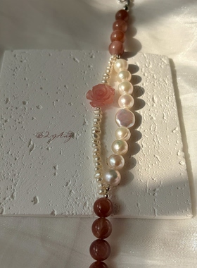 2YANG原创设计橙雾玫瑰珍珠双层叠戴手链女百搭简约单品