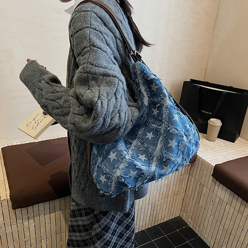 复古星星牛仔大容量托特女包