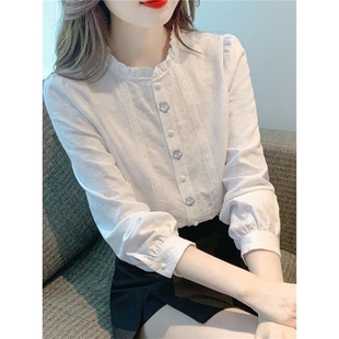 女士刺绣棉麻衬衫女秋冬新款时尚加绒上衣女士木耳领内搭保暖衬衣