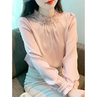 立领雪纺衫女长袖春秋新款上衣内搭法式衬衫别致木耳领打底衫2025