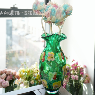 卡羅爾carol祖母綠花瓣口琉璃花瓶客廳輕奢高端出口原單小眾擺件