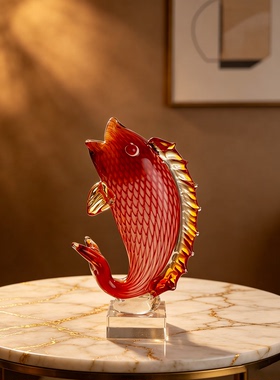  一尾赤鲤 鸿运锦鲤琉璃工艺品 轻奢样板间新中式软装摆件送礼品