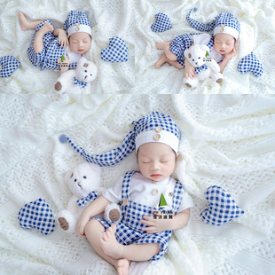 宝沃新生儿摄影道具初生婴儿拍照衣服满月男宝晚安帽主题影楼正版