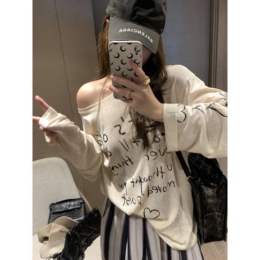 杏色字母爱心印花防晒T恤女夏2026新款长袖蒲款瓷松显痩空调置衫