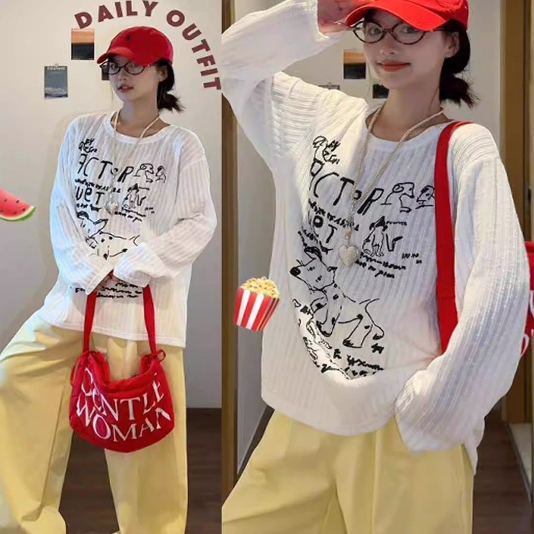 韩系慵懒风卡通手绘小狗长袖t恤罩衫女薄款宽松别致chic盐系上衣