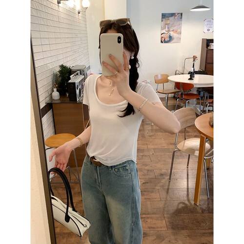 莱赛尔天丝白色薄款微透u领正肩面膜短袖T恤女夏季通勤百搭上衣