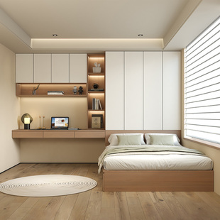 定制一体悬浮书桌柜榻榻米小户型ENF级实木多层板床头衣柜大床