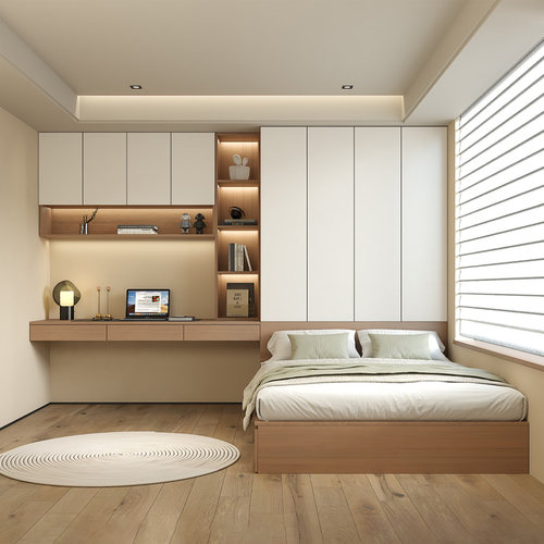 定制一体悬浮书桌柜榻榻米小户型ENF级实木多层板床头衣柜大床