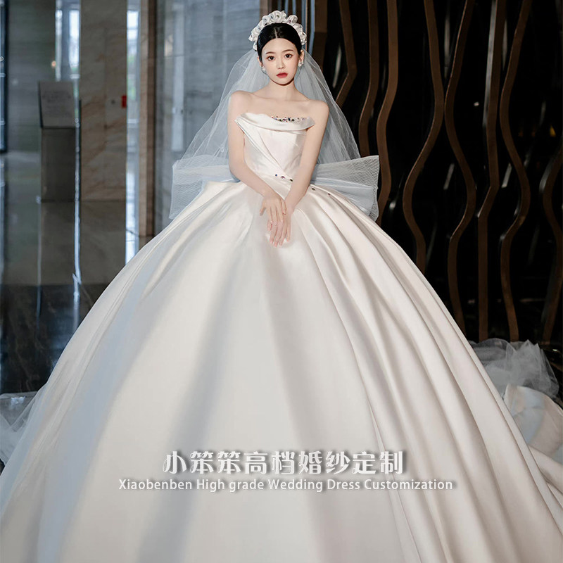 抹胸缎面婚纱2022新款新娘主纱高级质感法式大码拖尾礼服四季轻