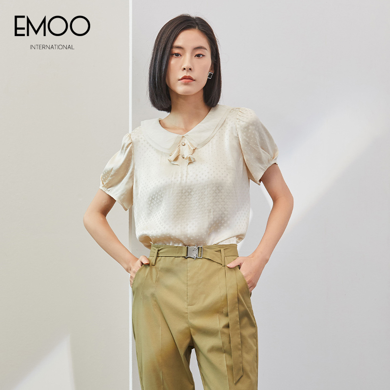 EMOO杨门夏季短袖雪纺衬衫女装夏装2024年新款娃娃领减龄别致小衫
