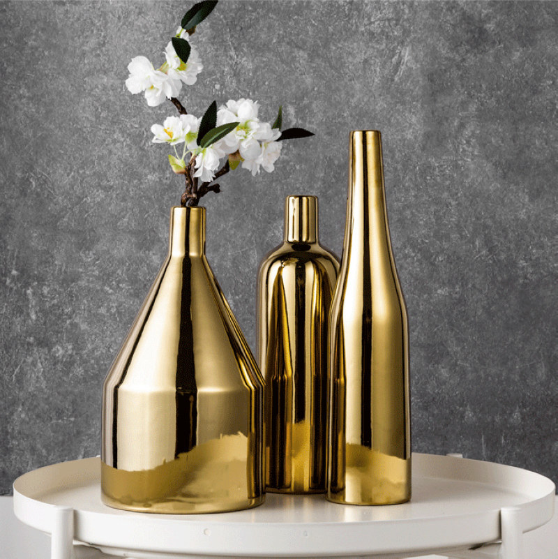 北欧ins轻奢金色花瓶高级感小众插花器摆件电视柜客厅家居装饰品