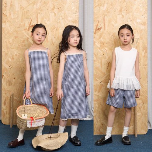 yummyrocky进口色织提花格子A类100%棉轻薄套装吊带裙/短裤