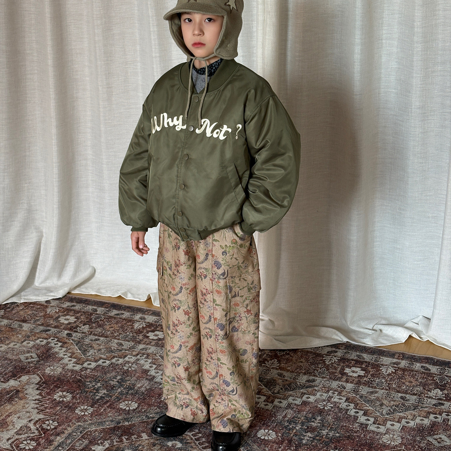 yummyrocky环保数码印碎花加绒里布亲肤蓄暖工装直筒裤