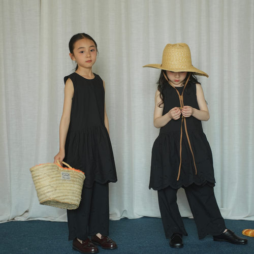 yummyrocky黑色纯棉A类轻薄镂空刺绣花边背心裙/直筒裤