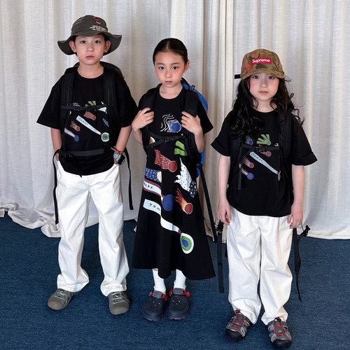 yummyrocky活性染纯棉A类白墨直喷手绘星球亲子T恤/连衣裙