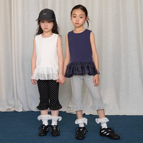 yummyrocky定做纯棉撞色波点A类女童夏季花边七分裤