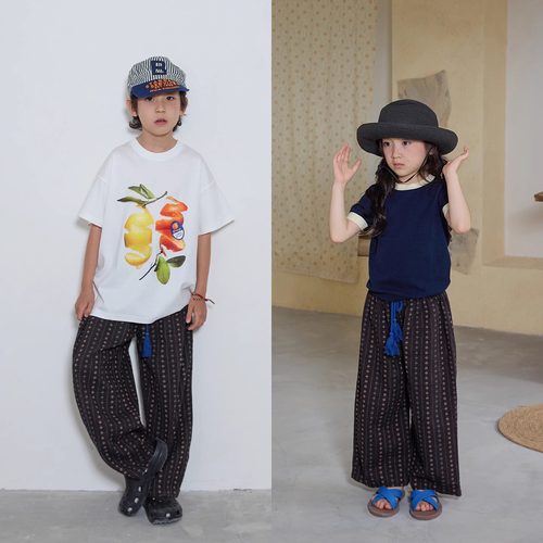 yummyrocky进口色织花朵100%棉A类舒适垂软直筒裤