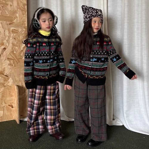 yummyrocky色织格子天然纤维绵羊毛自发热保暖格子直筒裤