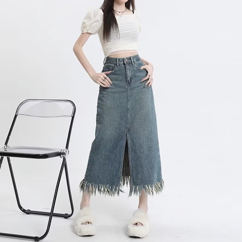 牛仔裙 气质新款简约时尚A型中长裙女文艺高腰复古做旧百搭半身裙