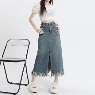 牛仔裙 气质新款简约时尚A型中长裙女文艺高腰复古做旧百搭半身裙