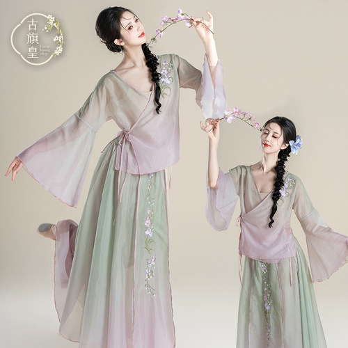 古典舞蹈服新中式国风渐变印花纱衣飘逸大摆裙中国舞演出服