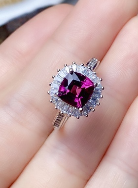 丛利 天然方7镁铝戒指女S925银玫瑰金色时尚经典白金色石榴石戒