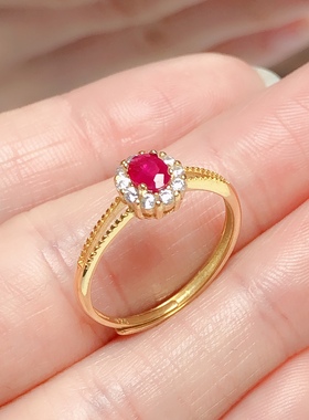 丛利 天然红宝石戒指女s925银黄金色时尚经典白金色红宝纯银镶嵌