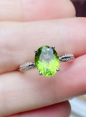 8x10 天然橄榄石戒指女S925银玫瑰金色时尚经典白金色绿色宝石