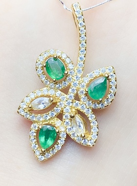 水滴3x4天然祖母绿吊坠女S925银黄金色时尚经典黄金色纯银镶嵌