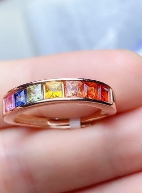方3x3天然彩蓝宝戒指女款s925银镶嵌彩色排戒玫瑰金时尚潮流女戒