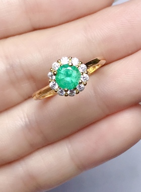 丛利 圆5.5天然祖母绿戒女款925银镶嵌绿色戒黄金色戒清新时尚款