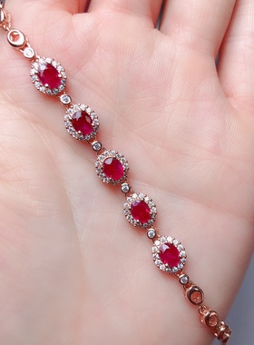 丛利 s925银天然红宝石4x5经典玫瑰金色手链可调节时尚大气款