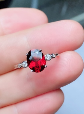 丛利 天然鸽血红石榴石戒指s925银红色宝石纯银镶嵌大气时尚饰品