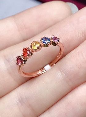 圆3×3天然彩蓝宝戒指女S925银玫瑰色时尚经典白金色纯银镶嵌