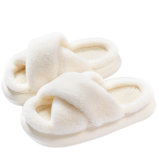 交叉毛毛拖鞋女秋冬季厚底时尚毛绒棉拖鞋网红新款外穿高级感白色