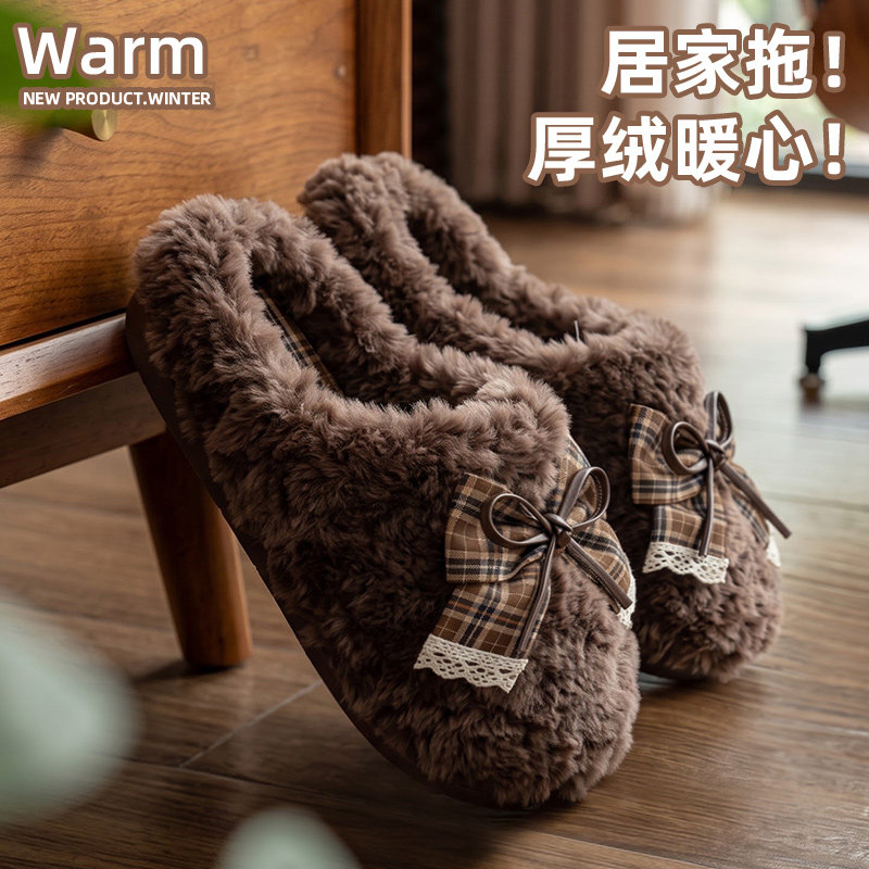 甜美蝴蝶结棉拖鞋女秋冬季可爱防滑宿舍学生保暖加绒居家棉拖女款