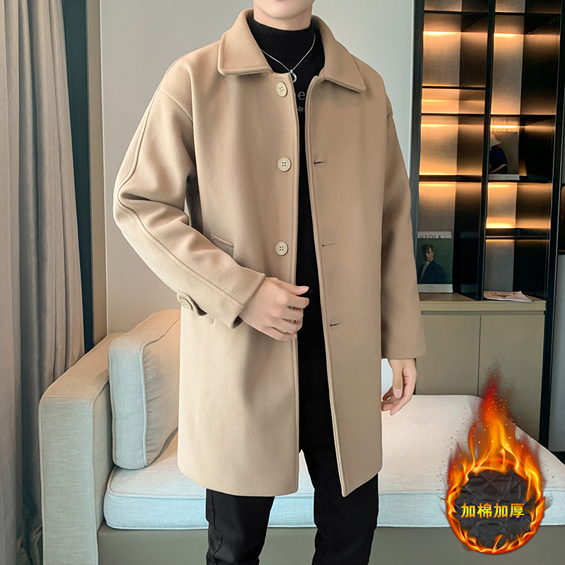 港风冬季加厚风衣中长毛呢外套大衣男B358-F108-P120加棉P130，男装风衣，电商B345