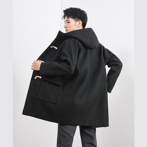 秋宽松牛角扣中长款加棉毛呢大衣连帽风衣潮F60-P125加棉P130图片