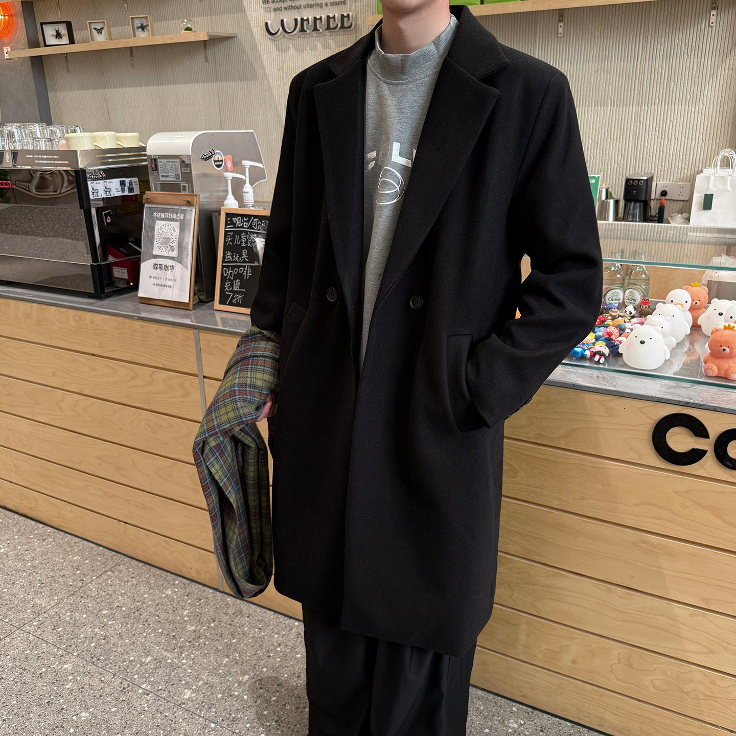 韩系呢大衣休闲中长款大衣男宽松毛呢外套潮F129P125加棉P135，男装毛呢大衣，电商B345