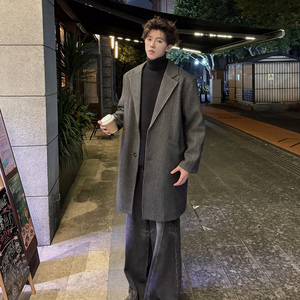 韩系秋冬外套中长款风衣男宽松毛呢大衣F128P125加棉P135图片