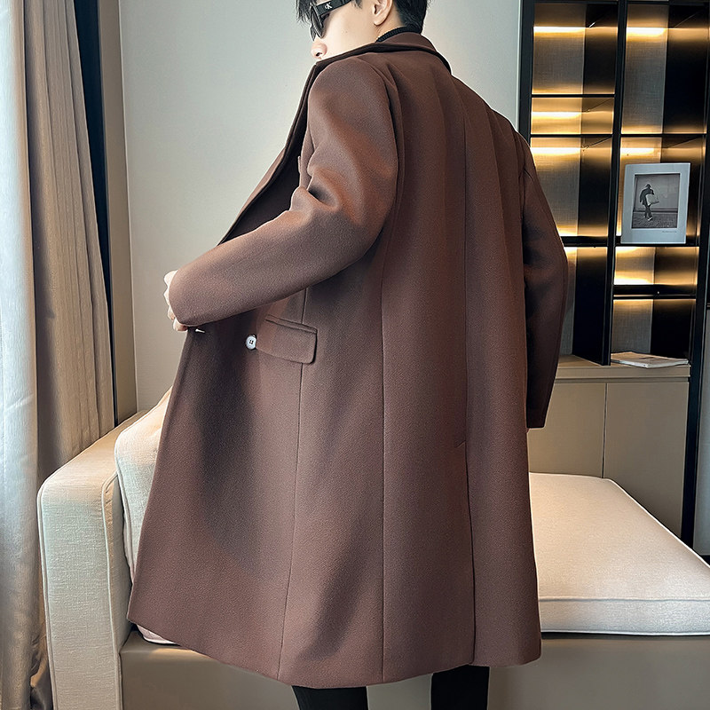 店主风毛呢大衣青年男宽松加长外套潮风衣B358-F117-P125加棉P135,男装风衣,电商B345