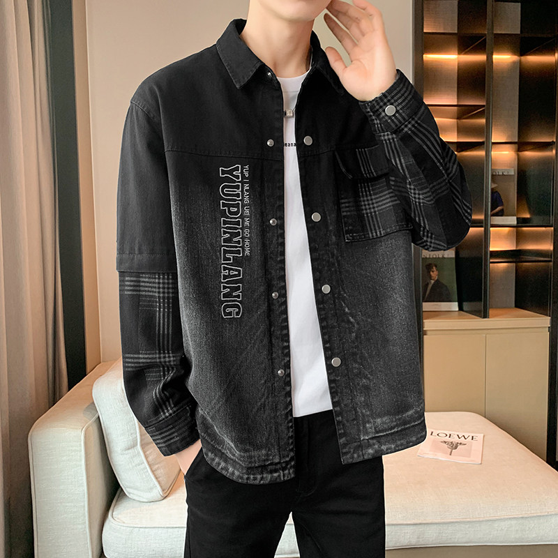店主风刺绣纯棉夹克男秋季假两件牛仔外套B345-JK02-P130图片