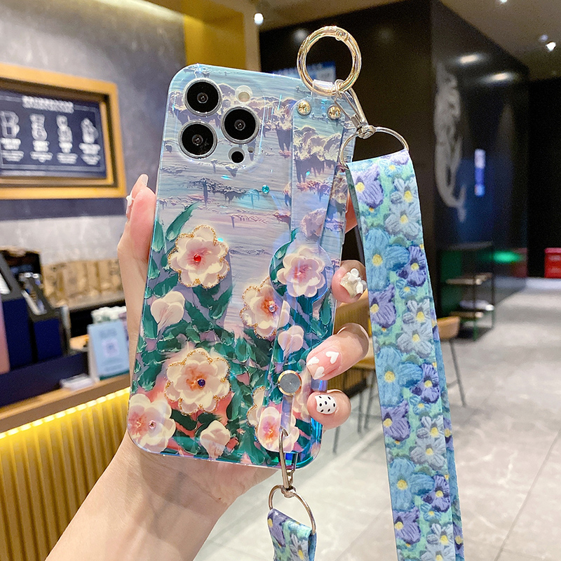 高级感油画花苹果15promax新款14手机壳13女带挂绳iphone12斜挎16可背11腕带xr全包防摔软硅胶8p网红